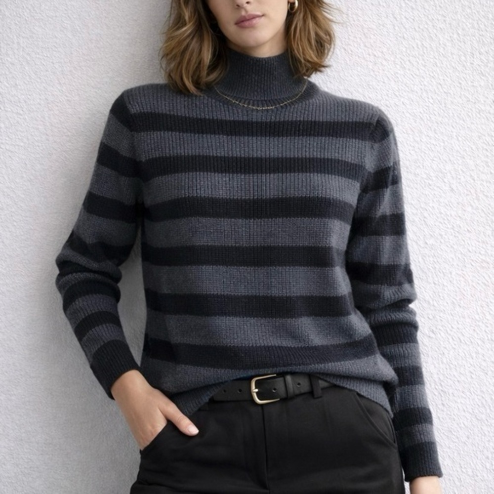 Eileen Fisher NWT Merino Wool Gray Stripes Mock Neck Long Sleeve Sweater M